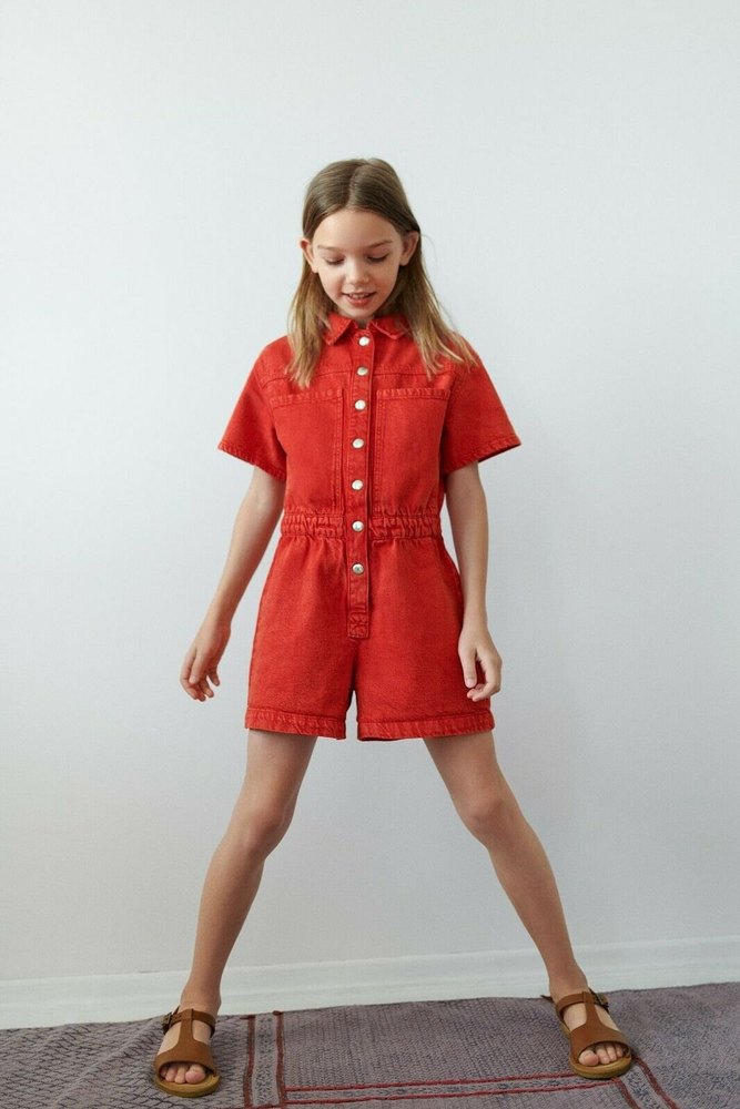 EUC ZARA Girls Red Denim Jumpsuit Romper Size 7